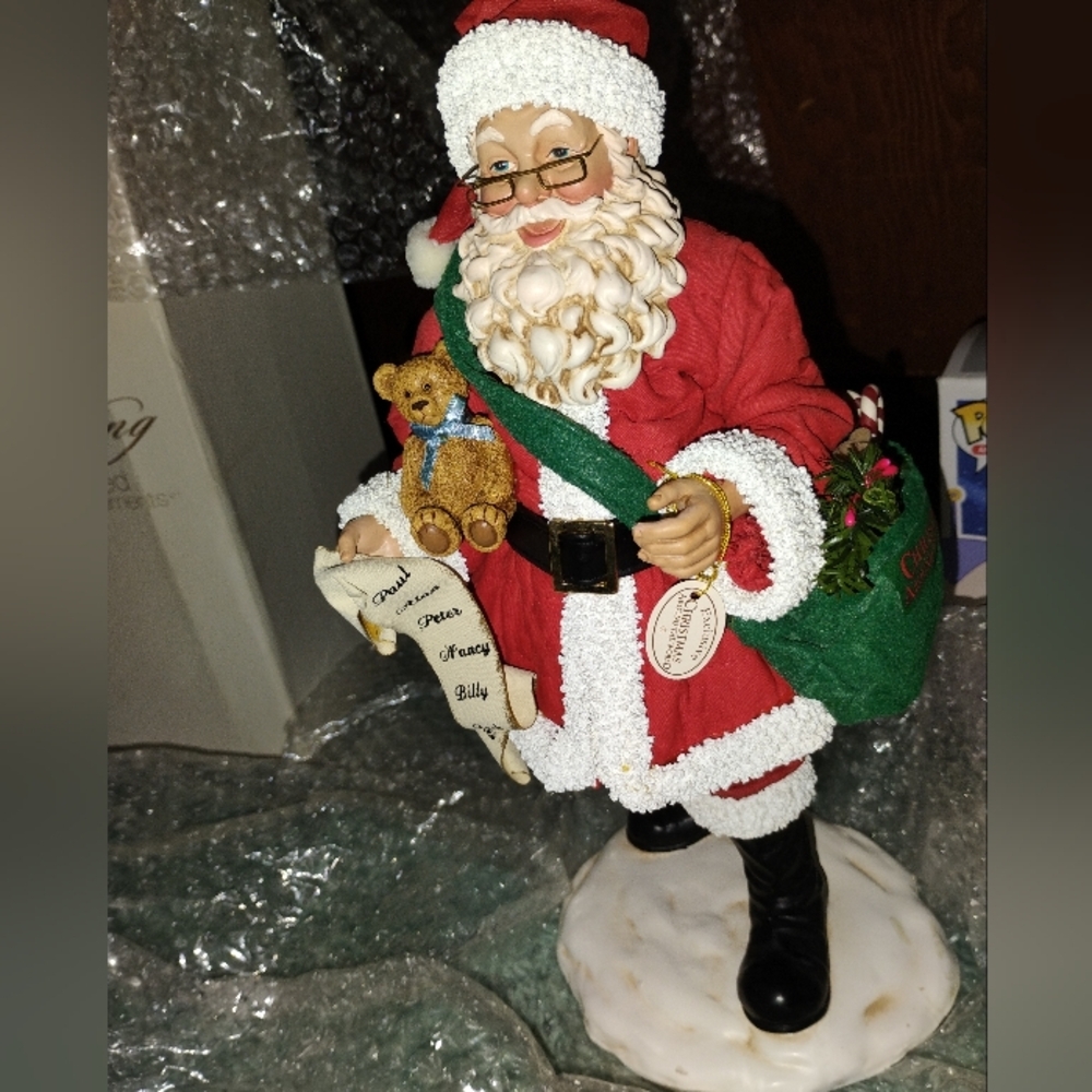 Vintage Santa Claus Figurine with Green Bag and Teddy Bear